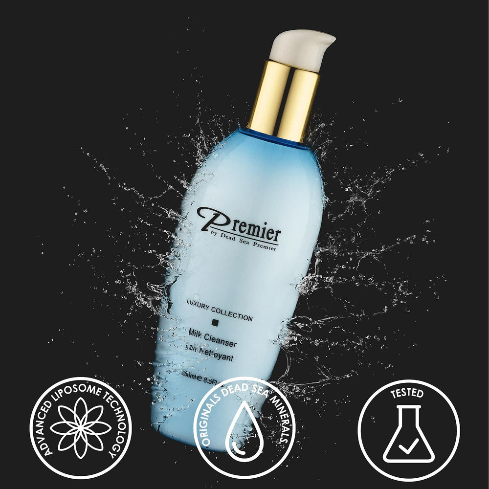 Premier Dead Sea Cleansing Milk ingredients card shows natural formulations.