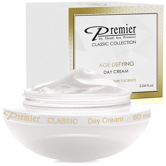 Premier Dead Sea Day Cream jar close-up showing quick-absorbing hydration.