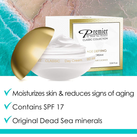 Premier Dead Sea Day Cream packaging front with SPF 17 for sun protection.