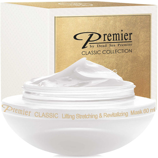 Premier Dead Sea Instant Stretching Mask jar close-up showing lifting texture
