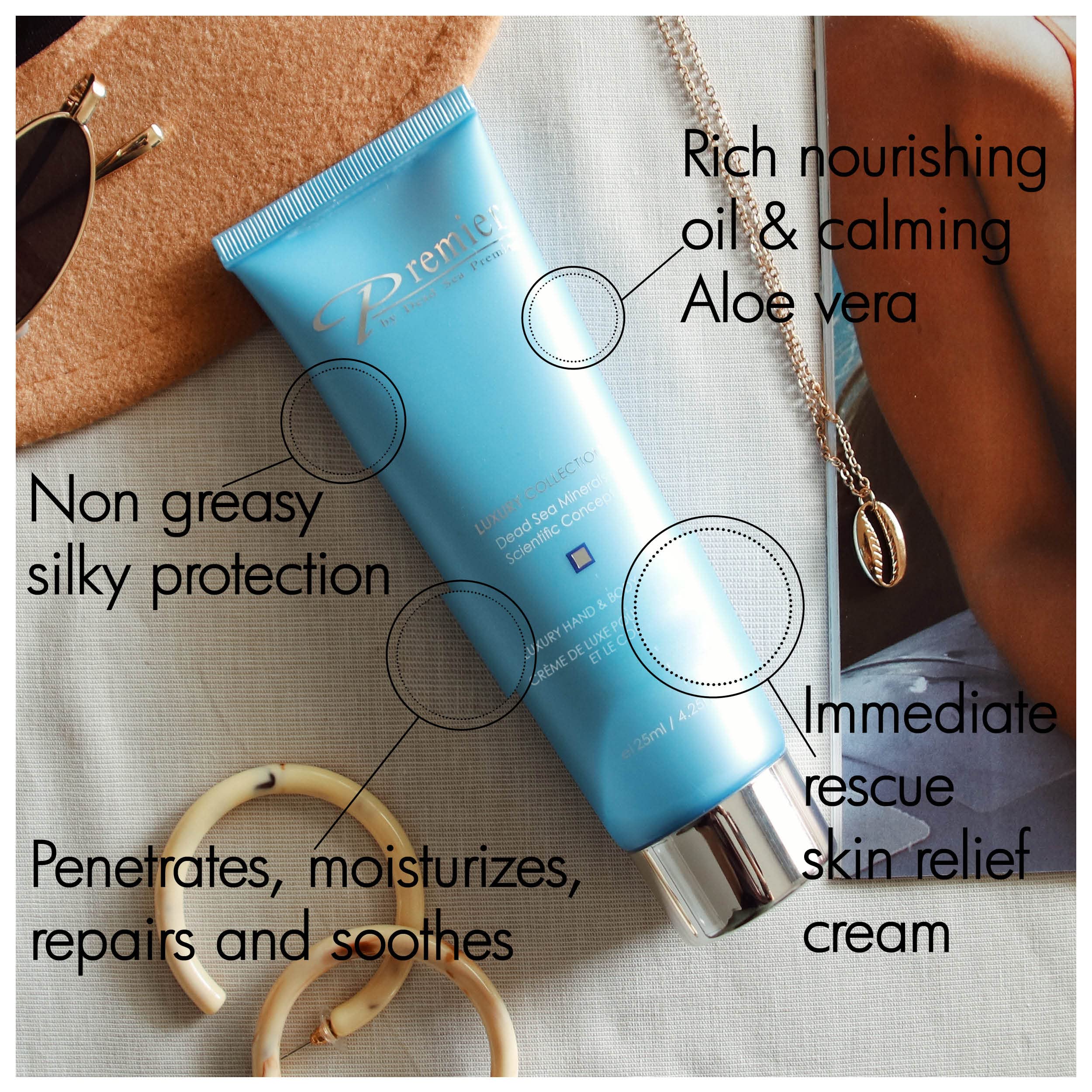 Premier Dead Sea Luxury Cream texture spreading smoothly for instant comfort.