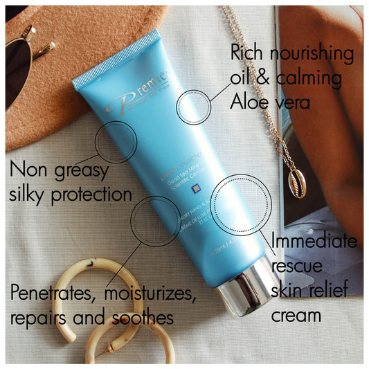 Premier Dead Sea Luxury Cream texture spreading smoothly for instant comfort.
