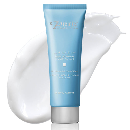 Premier Dead Sea Luxury Hand & Body Cream bottle on a clean surface for quick hydration.