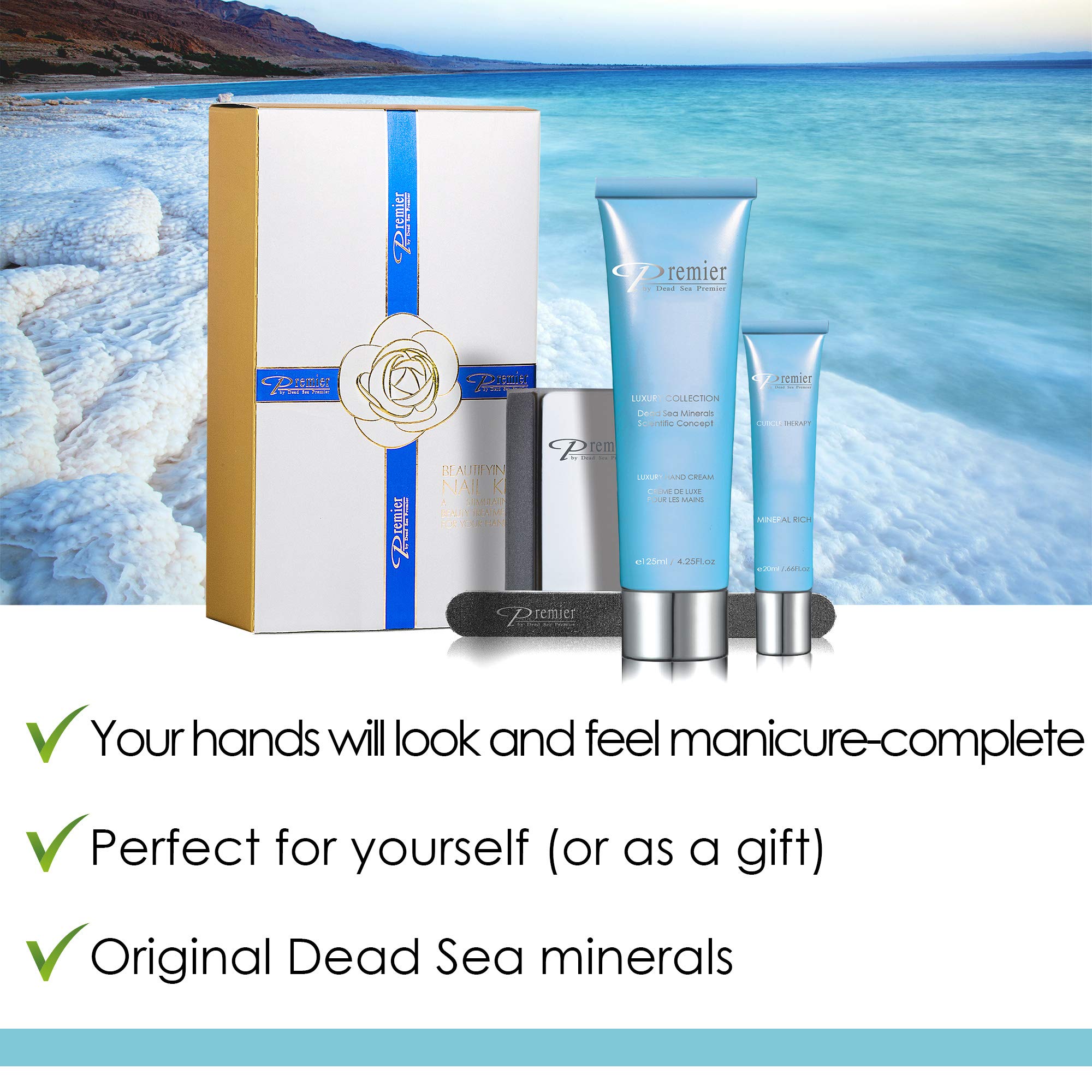 Premier Dead Sea Nail Kit hand lotion delivers rich hydration for hands.