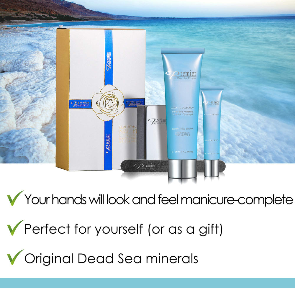 Premier Dead Sea Nail Kit hand lotion delivers rich hydration for hands.