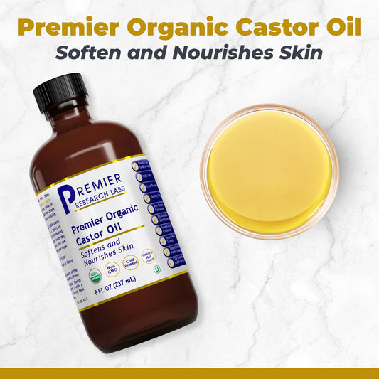 Close-up of Premier Research Labs organic castor oil label