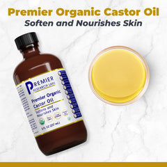 Close-up of Premier Research Labs organic castor oil label