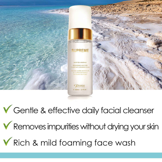 Premier SUPREME Brightening Cleansing Foam close-up lather demonstrates gentle cleansing