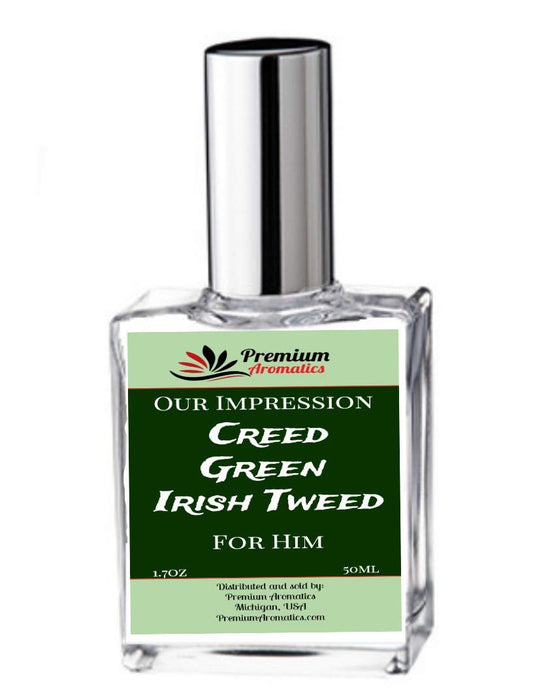 Premium Aromatics Green Irish Tweed fragrance spray bottle, ideal for everyday wear and subtle aromatics.