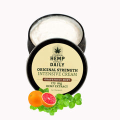Premium Hemp Daily Intensive Cream bottle close-up showing grapefruit mint hydration.