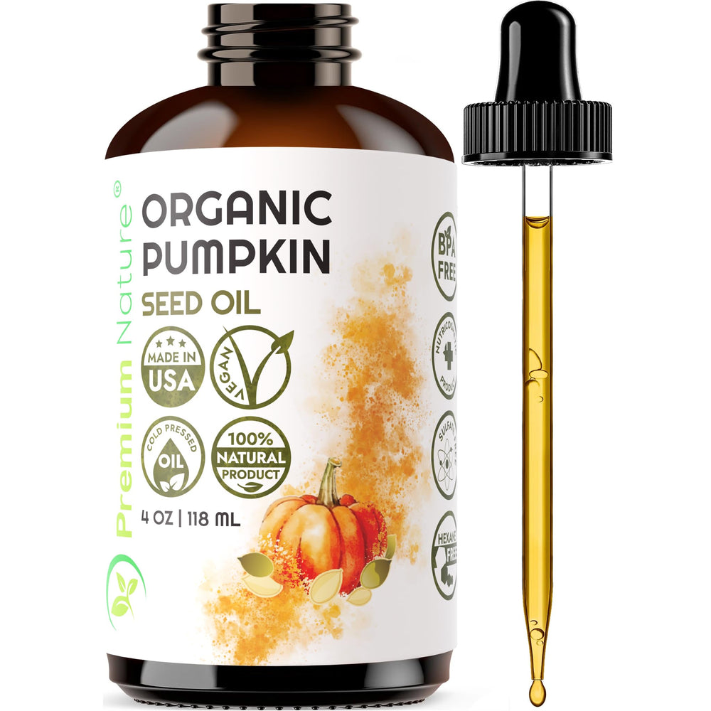 Premium Nature pumpkin seed oil bottle for simple skin hydration and hair nourishment.