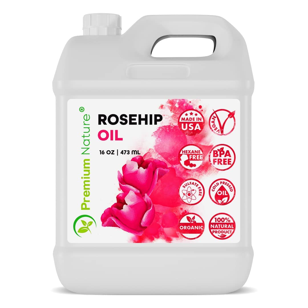 Premium Nature Rosehip Oil bottle pours for easy skin and body use