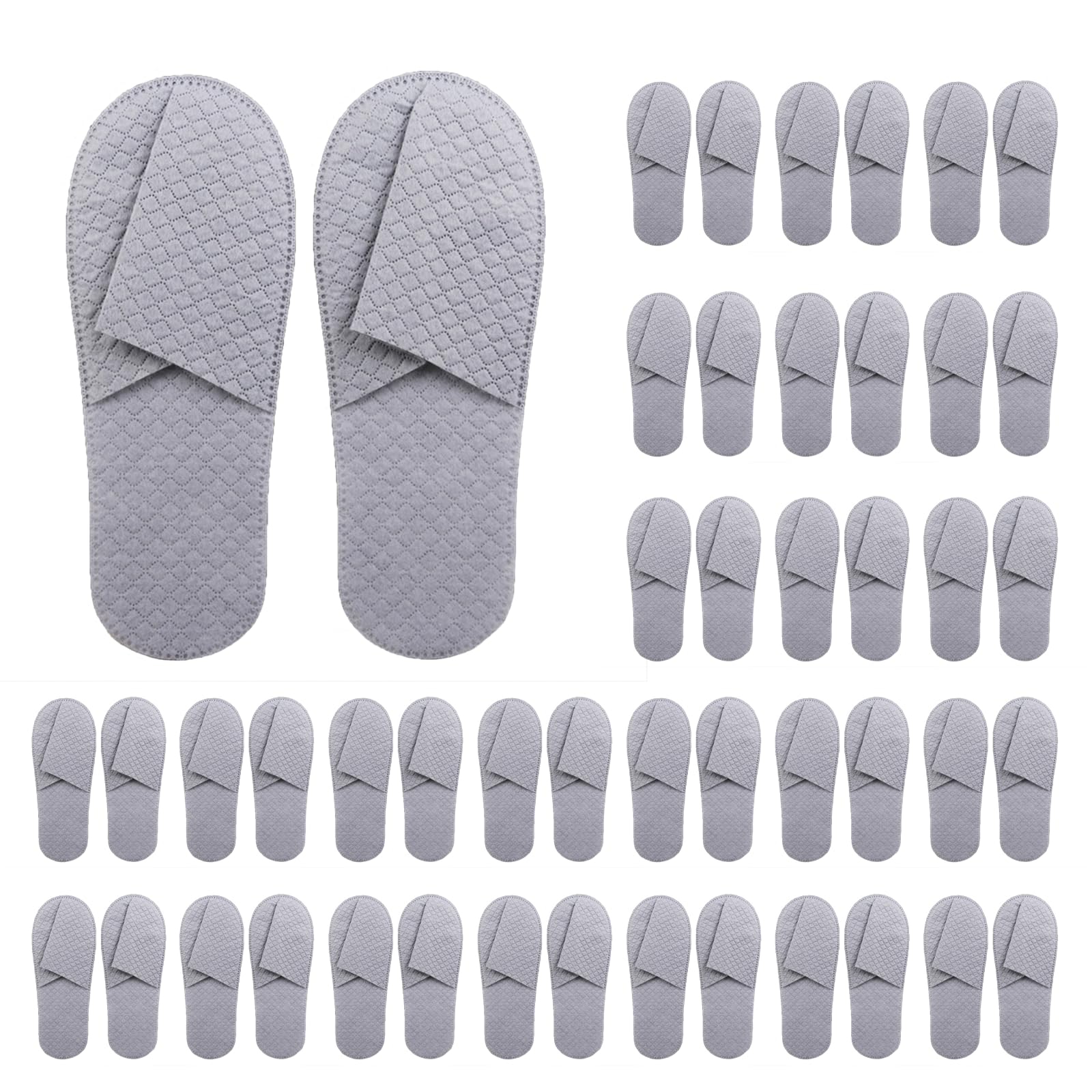 Premium spa slippers 16-pack gray packaging demonstrates hygienic guest-ready setup.