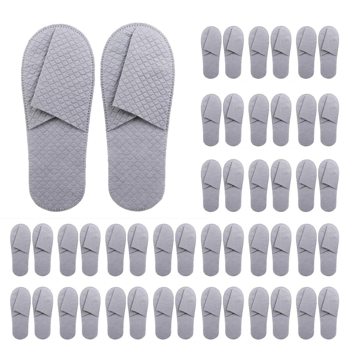 Premium spa slippers 16-pack gray packaging demonstrates hygienic guest-ready setup.
