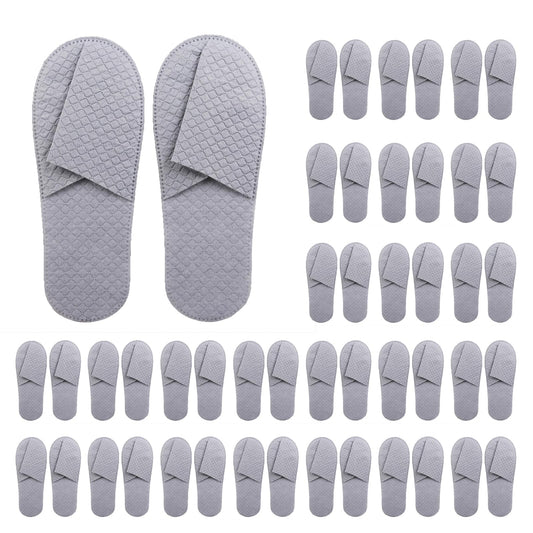 Premium spa slippers 16-pack gray packaging demonstrates hygienic guest-ready setup.