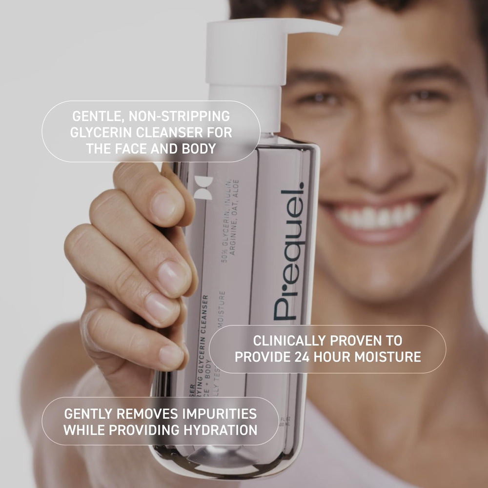 Prequel Gleanser in use on face illustrating application and soft skin feel.