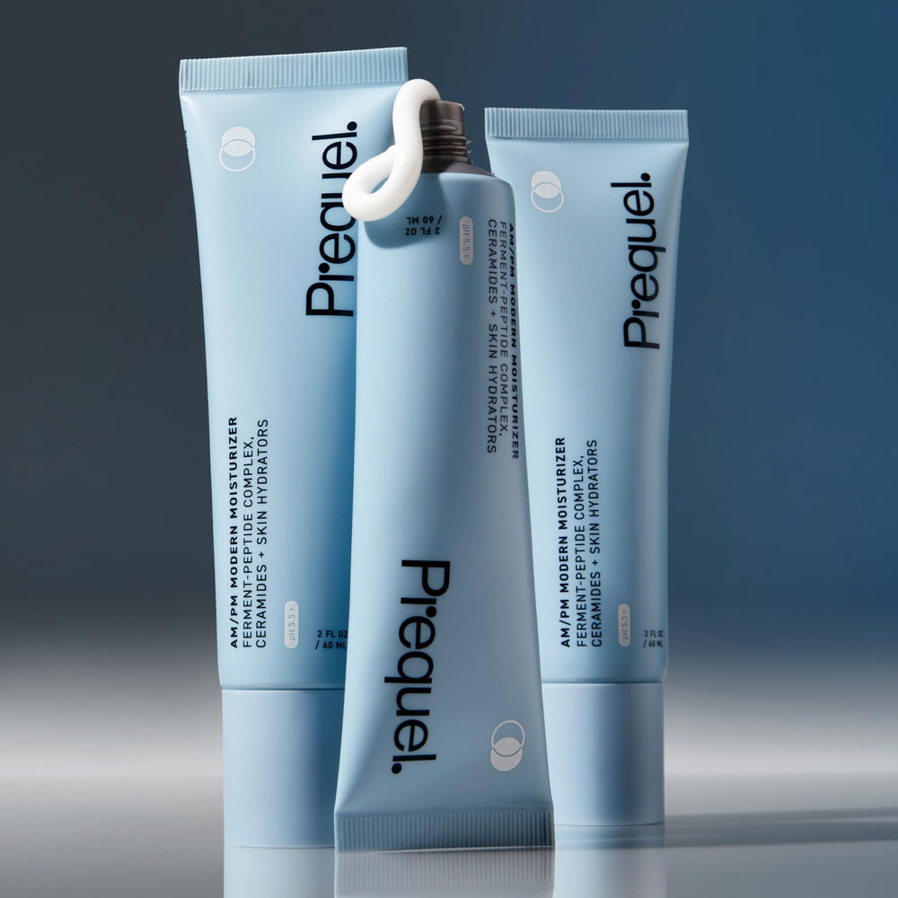 Prequel Skin AM/PM packaging close-up emphasizes fragrance-free, pH-balanced formula.
