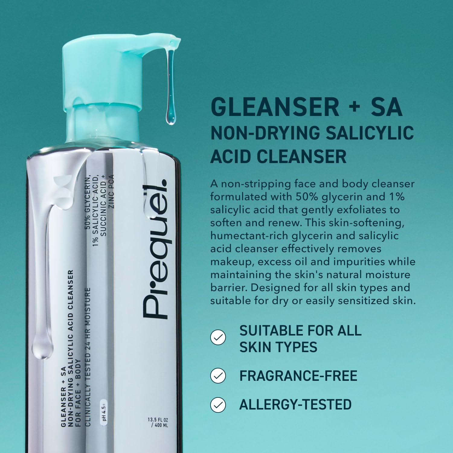 Prequel Skin Gleanser SA bottle with foaming lather for effective cleansing.