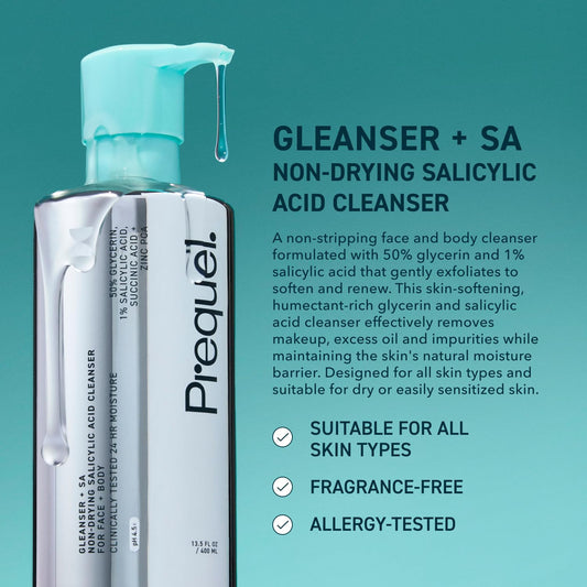 Prequel Skin Gleanser SA bottle with foaming lather for effective cleansing.