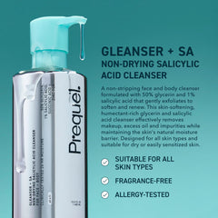 Prequel Skin Gleanser SA bottle with foaming lather for effective cleansing.