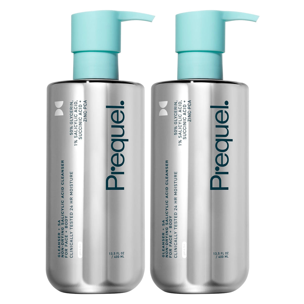 Prequel Skin Gleanser SA face pump close-up showing gentle cleansing and hydration.
