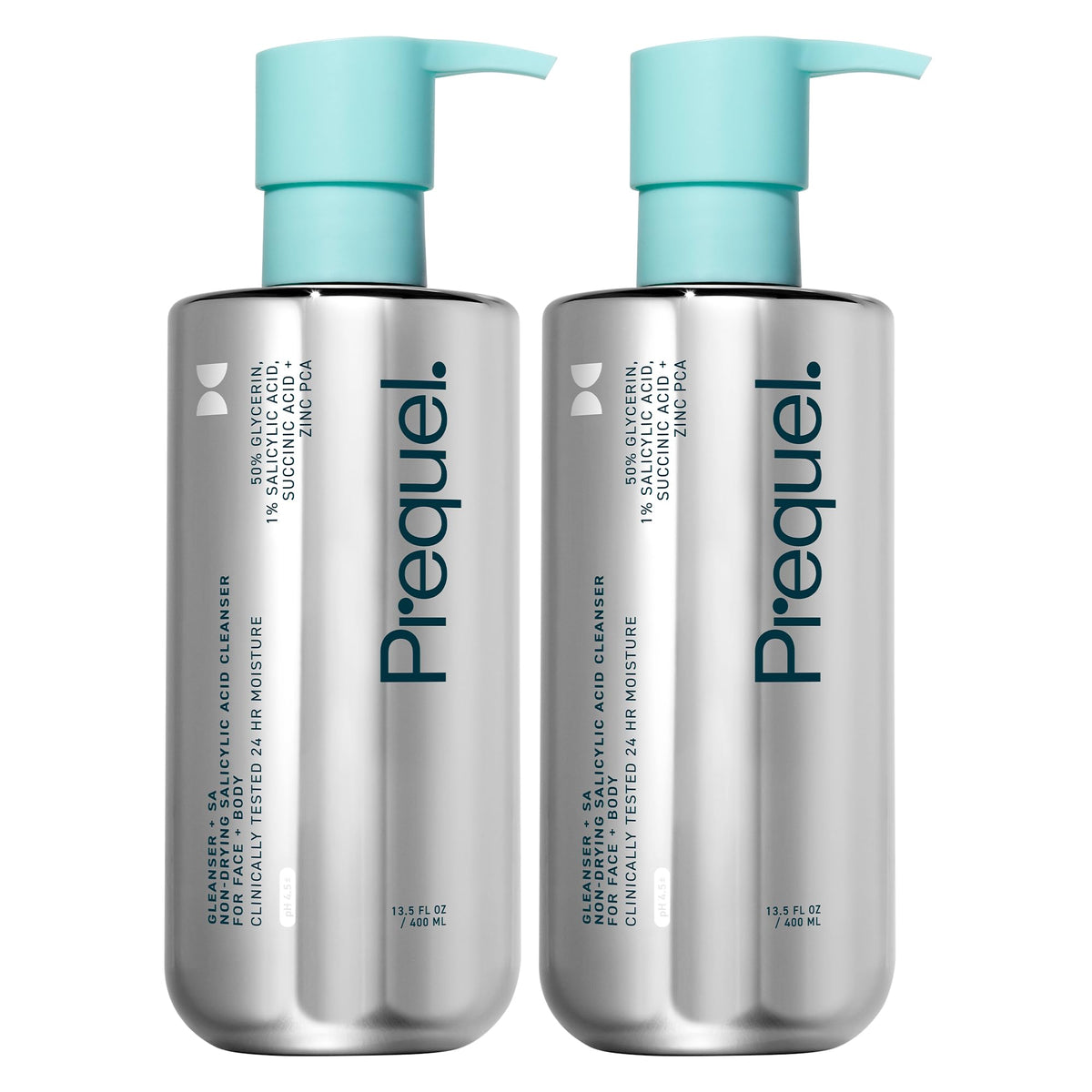 Prequel Skin Gleanser SA face pump close-up showing gentle cleansing and hydration.