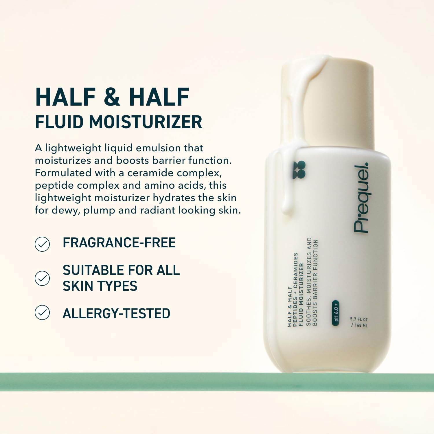 Close-up of Prequel Skin Half Half emulsion texture providing light hydration.