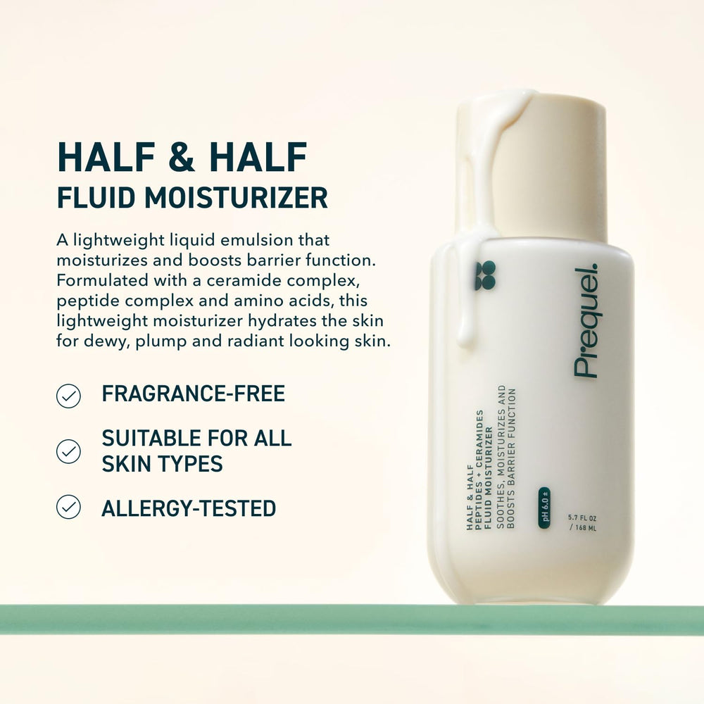 Close-up of Prequel Skin Half Half emulsion texture providing light hydration.