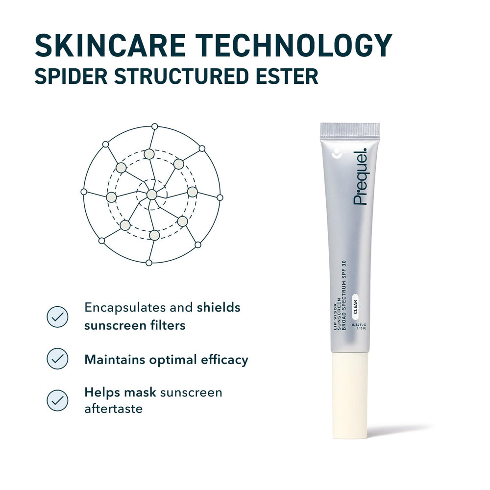 Prequel Skin Lip Visor SPF badge signals broad protection against UVA/UVB