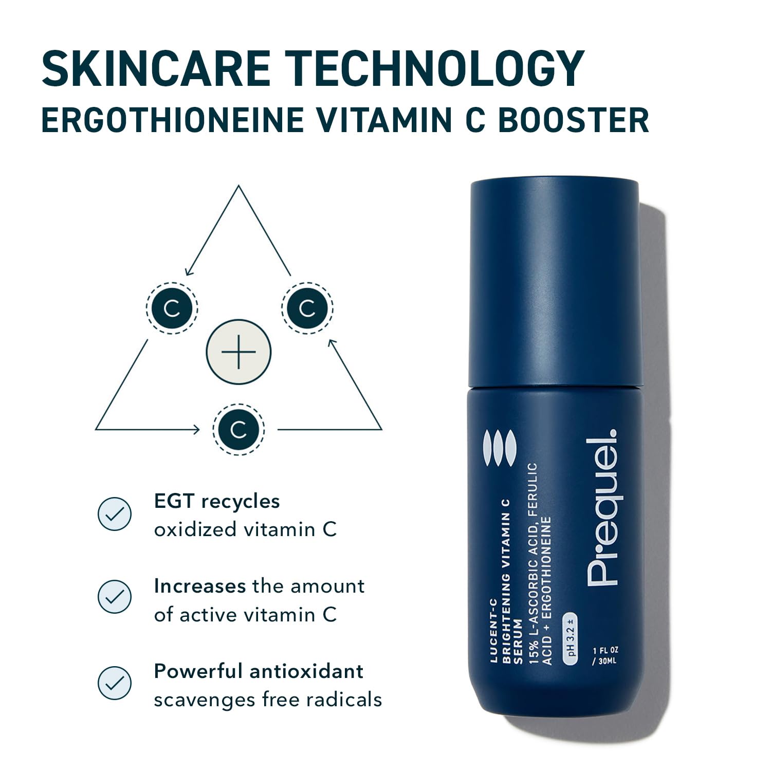 Prequel Skin Lucent-C ergothioneine technology depicted to show enhanced absorption.