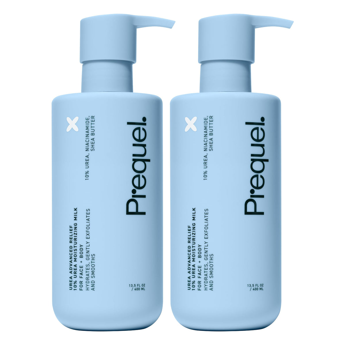 Prequel Skin Urea Advanced Relief Milk bottle pump for daily hydration on dry skin.