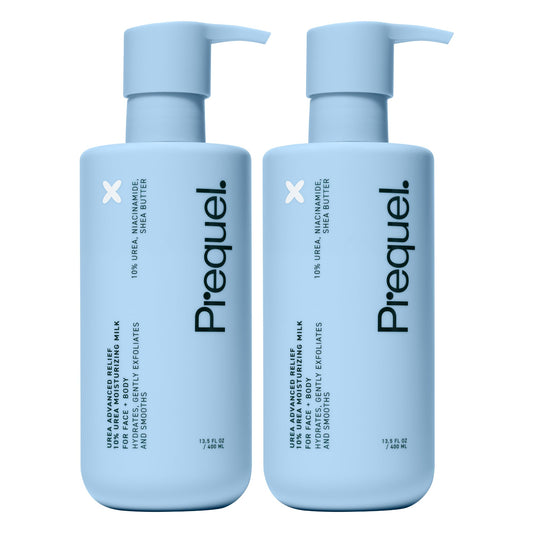 Prequel Skin Urea Advanced Relief Milk bottle pump for daily hydration on dry skin.