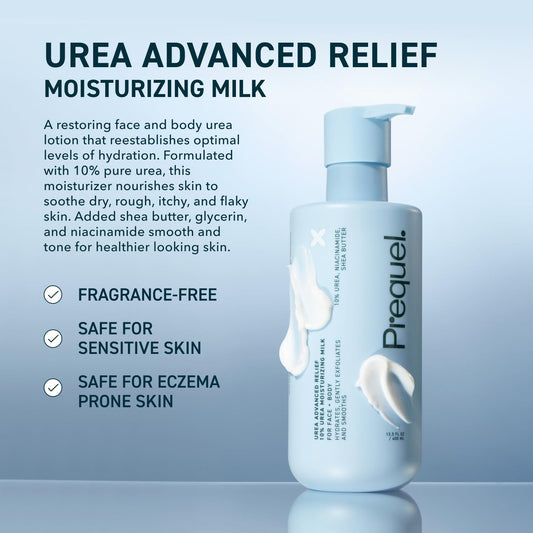 Prequel Skin Urea Advanced Relief Milk two-pack emphasizing value and convenience.