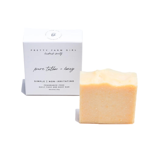 Pretty farm girl Pure Tallow + Honey Soap Bar close-up showing a rich, nourishing formula for sensitive skin.