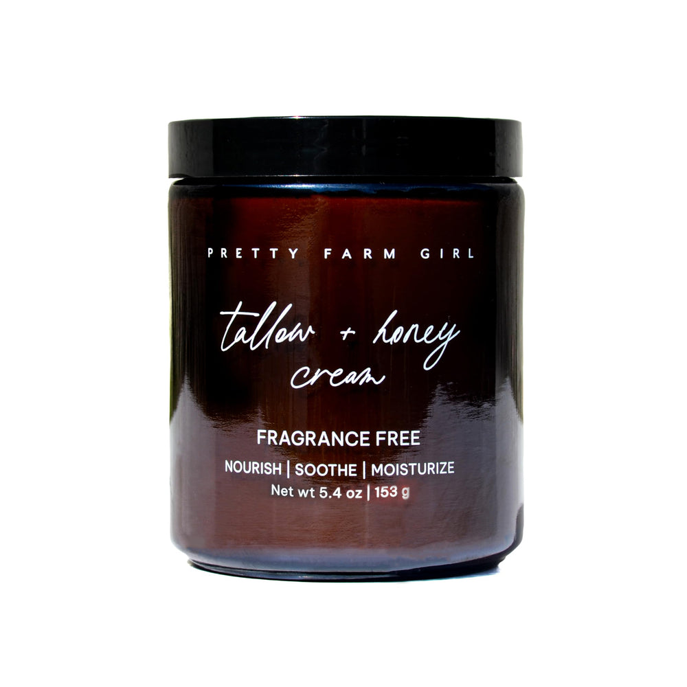 Pretty Farm Girl Tallow and Honey Body Butter jar close-up showing fragrance-free hydration for sensitive skin.