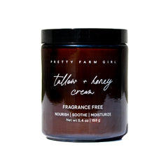 Pretty Farm Girl Tallow and Honey Body Butter jar close-up showing fragrance-free hydration for sensitive skin.