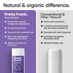 Pretty Frank baking soda-free formula supports sensitive skin with lasting freshness.