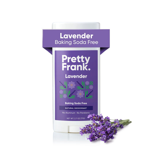 Pretty Frank lavender deodorant stick delivers gentle odor control with a calming scent.