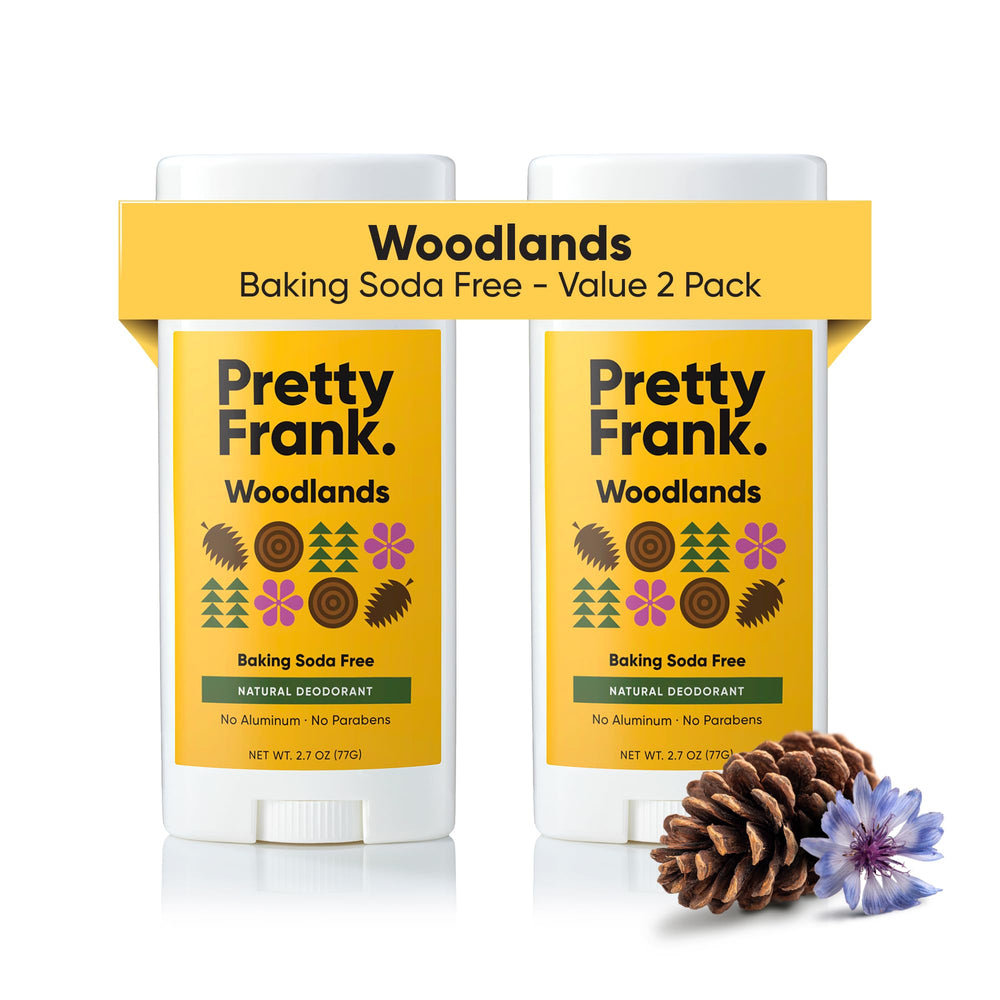 Pretty Frank Woodlands deodorant stick in a 2-pack for daily use and travel.