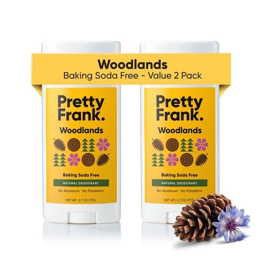 Pretty Frank Woodlands deodorant stick in a 2-pack for daily use and travel.