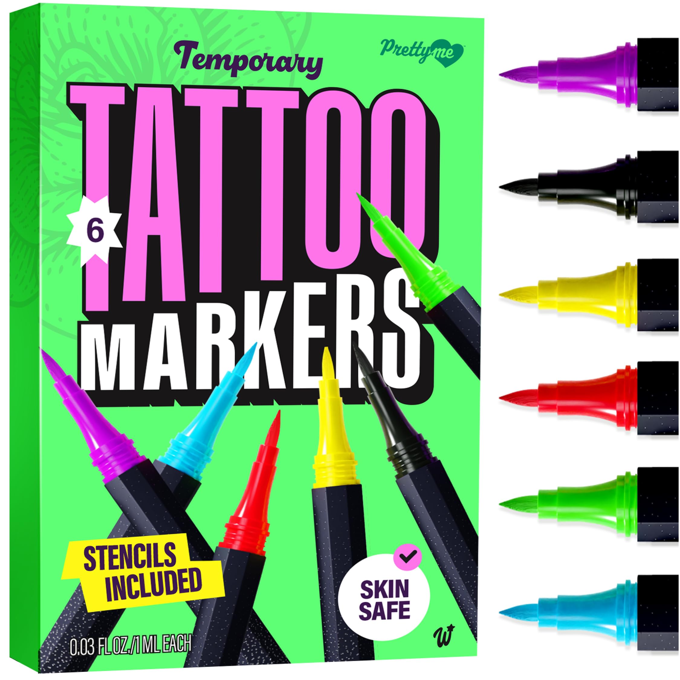 Pretty Me tattoo markers set packaging showcasing six vivid pens for temporary body art