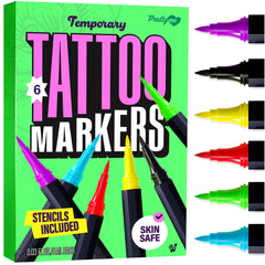 Pretty Me tattoo markers set packaging showcasing six vivid pens for temporary body art