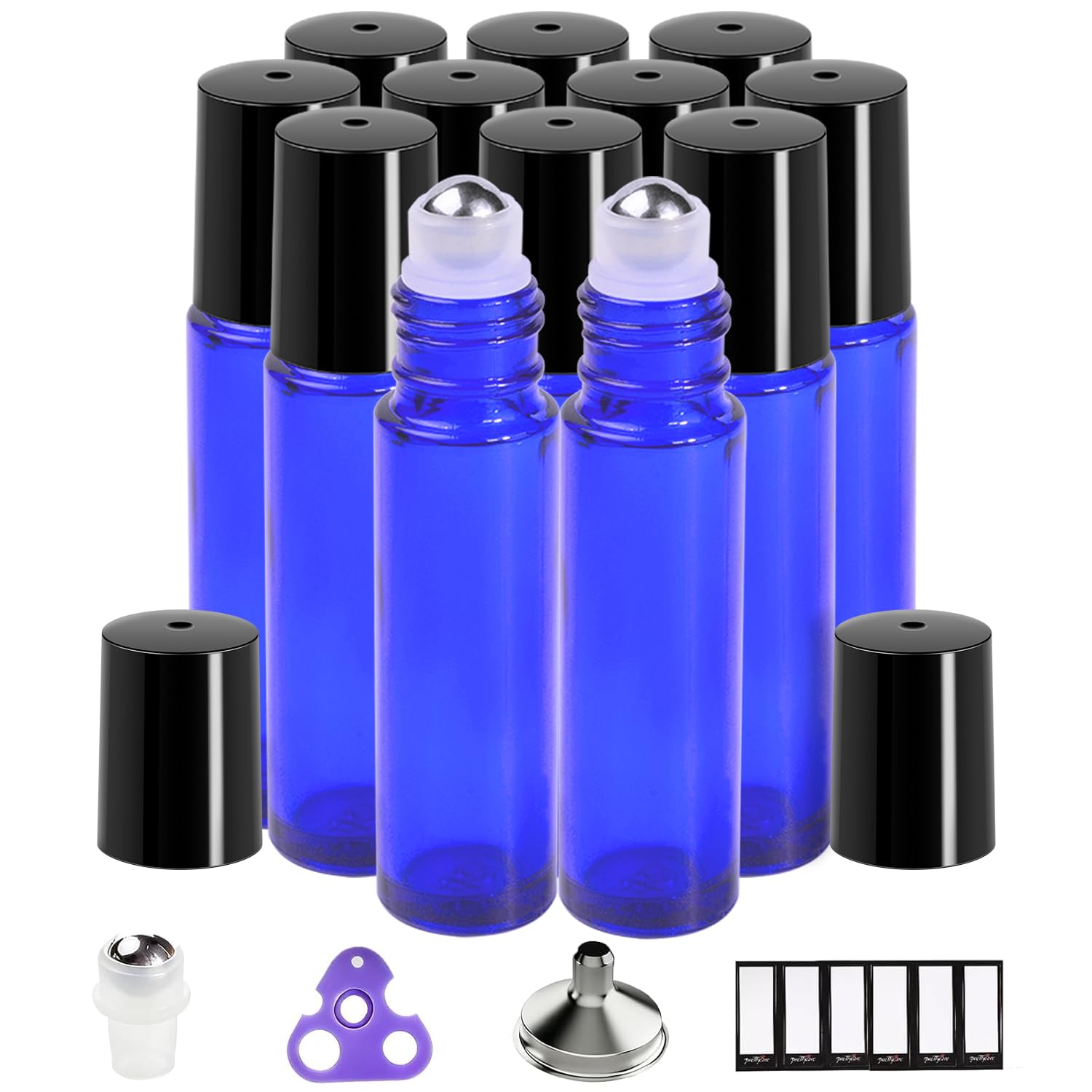 PrettyCare 10ml blue glass roller bottle with black cap for on-the-go use.