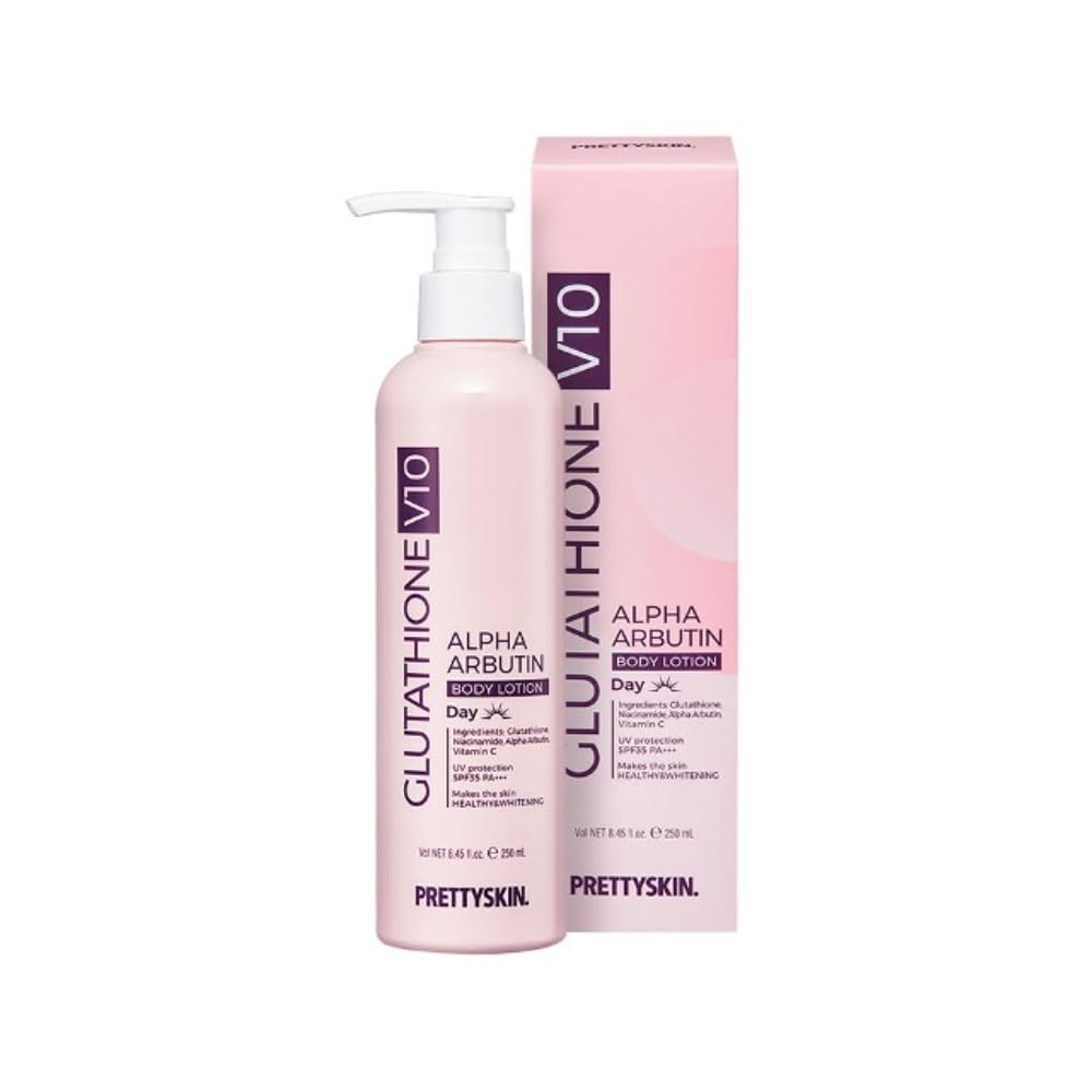 PRETTYSKIN Glutathione V10 bottle for daily hydration on dry skin.
