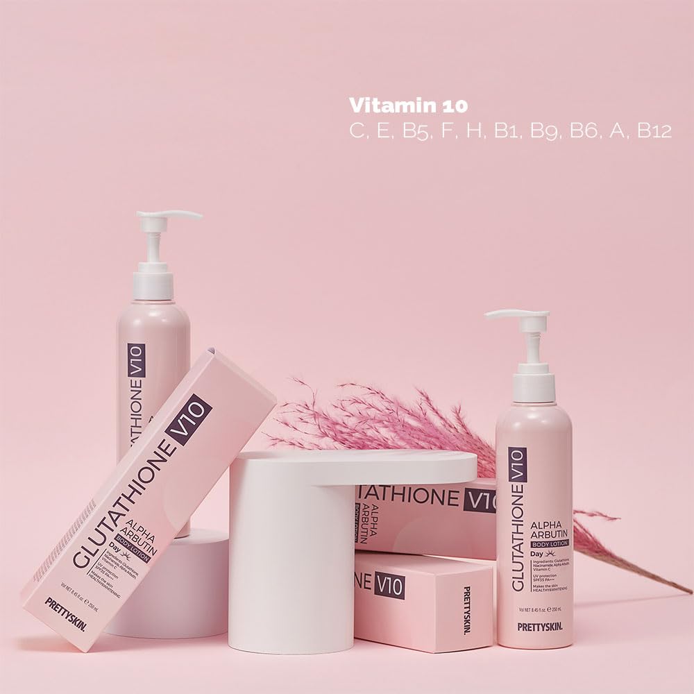 Packaging design of PRETTYSKIN Glutathione V10 on store shelf.