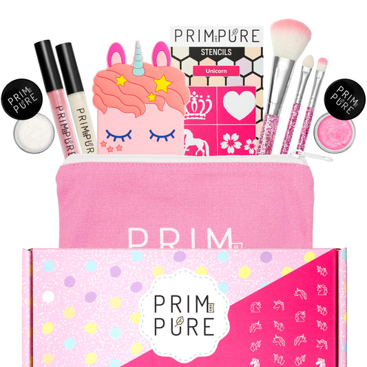 Prim and Pure mineral gift set with unicorn mirror, kid-safe makeup for playful party prep