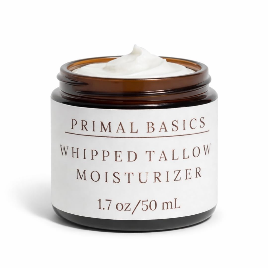 Primal Basics Lavender beef tallow jar shows minimalist, nourishing skin care.
