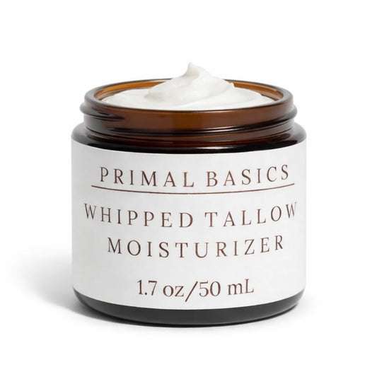 Primal Basics Lavender beef tallow jar shows minimalist, nourishing skin care.