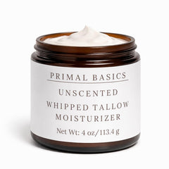 Primal Basics whipped beef tallow jar showing creamy texture for all skin types hydration