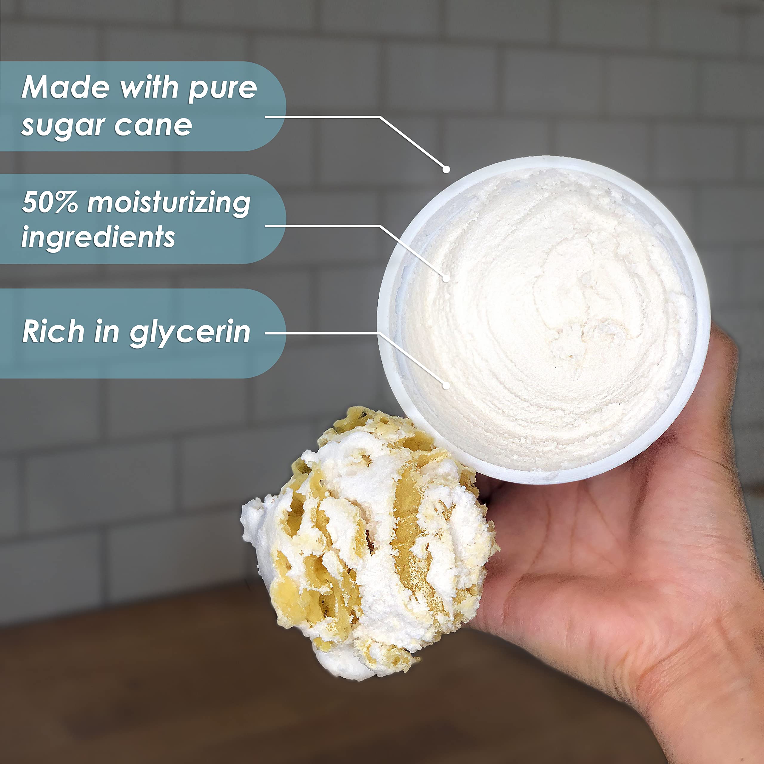 Sugar Whip in shower scene highlighting cleansing and moisturizing.